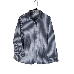 J.Jill Love Linen Blue White Striped Button Front Shirt Petite L Linen Top